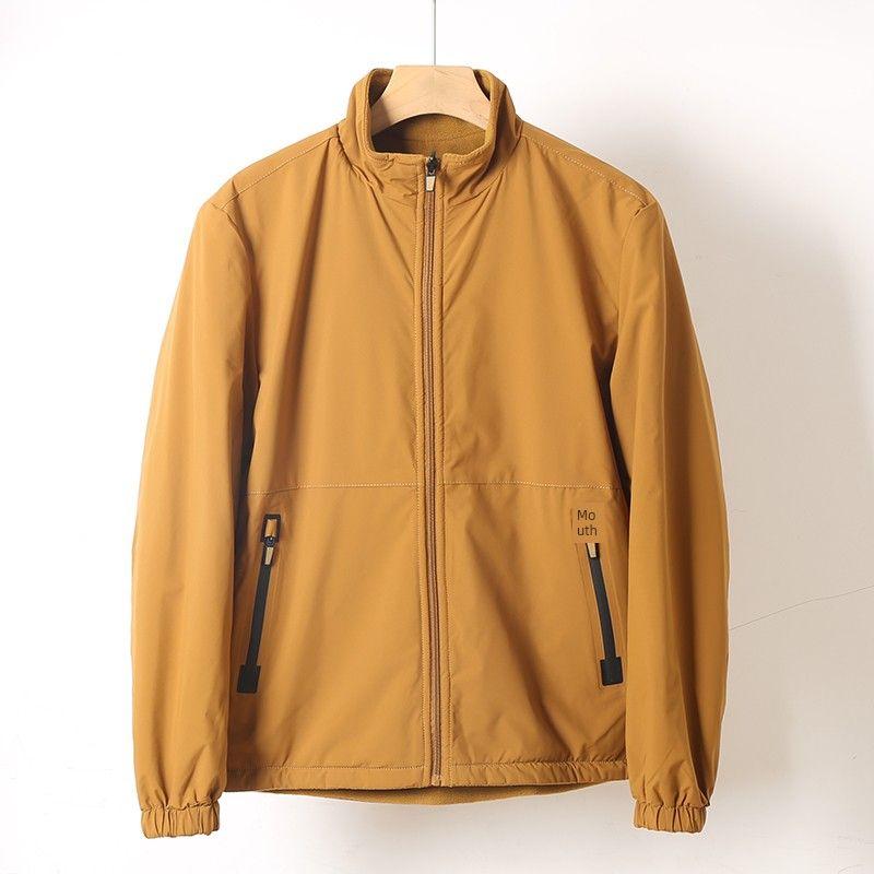 Foreign Trade Export Surplus Reversible Waterproof and Windproof Fleece Jacket for Men, Autumn and Winter Warm Stand-Collar Casual Jacket Caramel color M