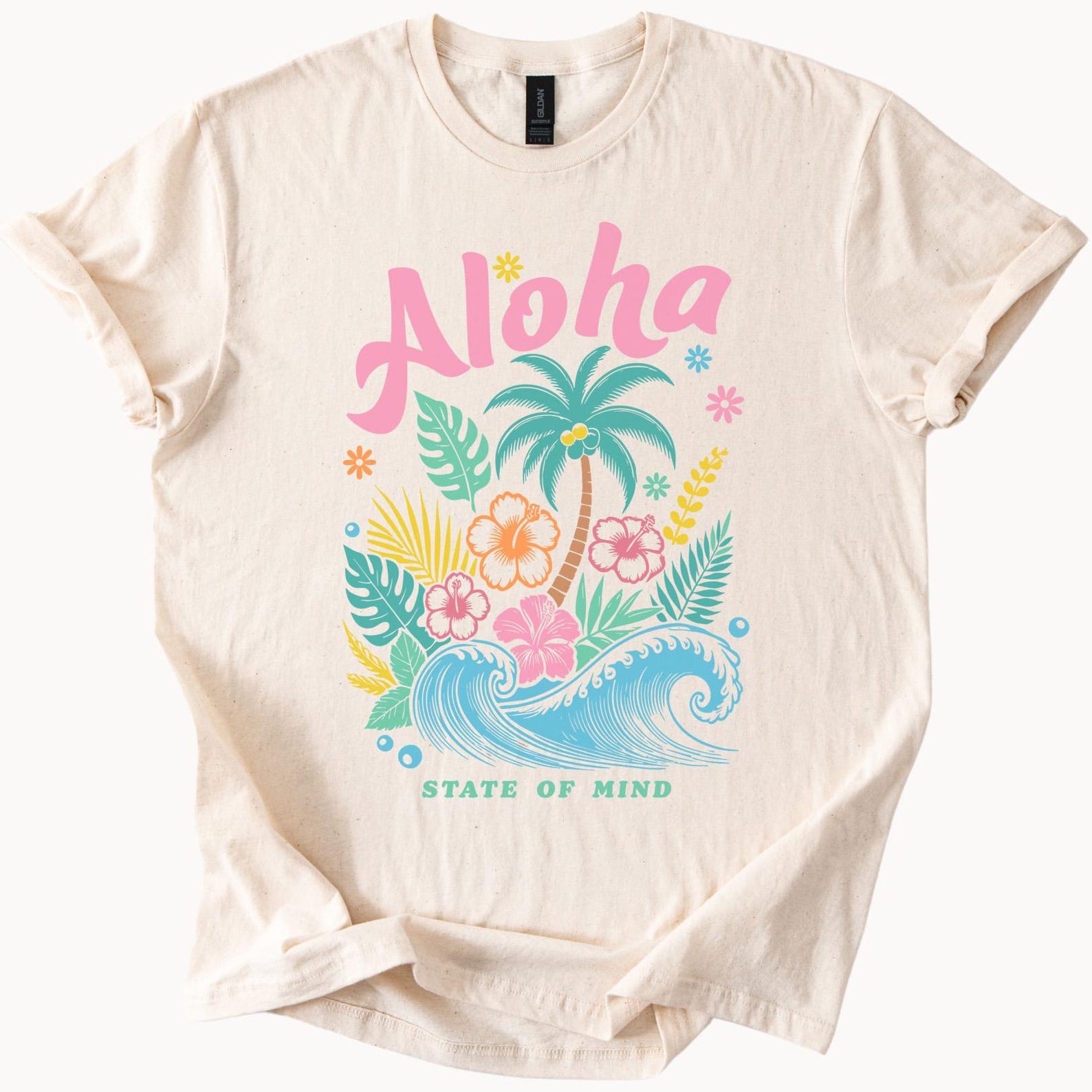 Aloha State of Mind T Shirt Tropical Palm Tree Hibiscus Flowers Ocean Wave Graphic Summer Beach Shirt Hawaii Inspired Tee 120