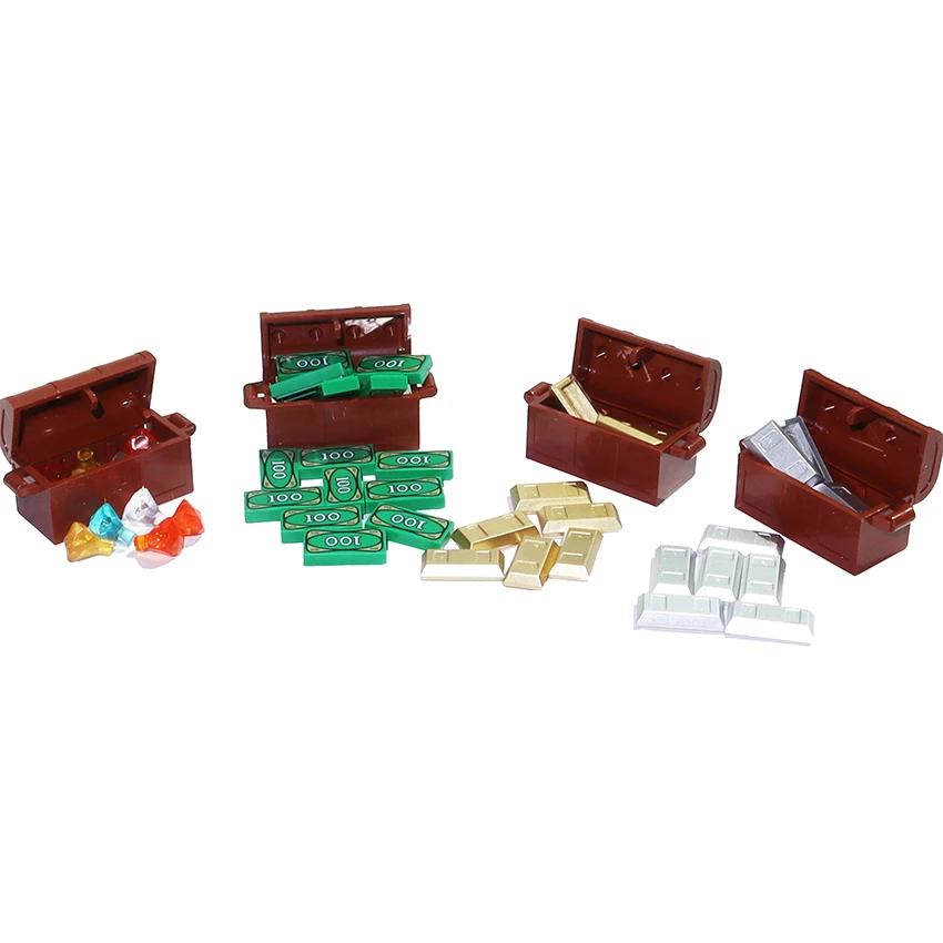 Non-Toxic Building Block City Treasure Chest Gem Box Gold Silver Diamond Dollar Cents Money Coins Cash Bricks Accessory Printed Moc Toy