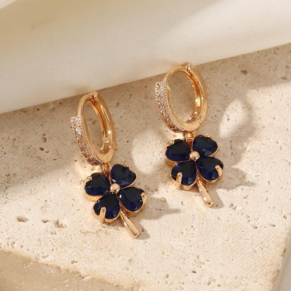 

1 пара модных висячих серег в виде четырехлистных цветов для женщин, украшения с кубическим цирконием, повседневные аксессуары для свадьбы и вечеринки синий