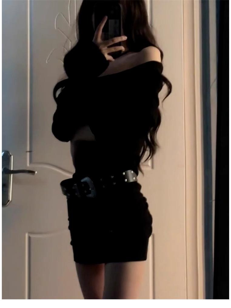 Y2K One-Shoulder Black Knit Dress: Sexy Autumn/Winter Bodycon Mini for Mature Women