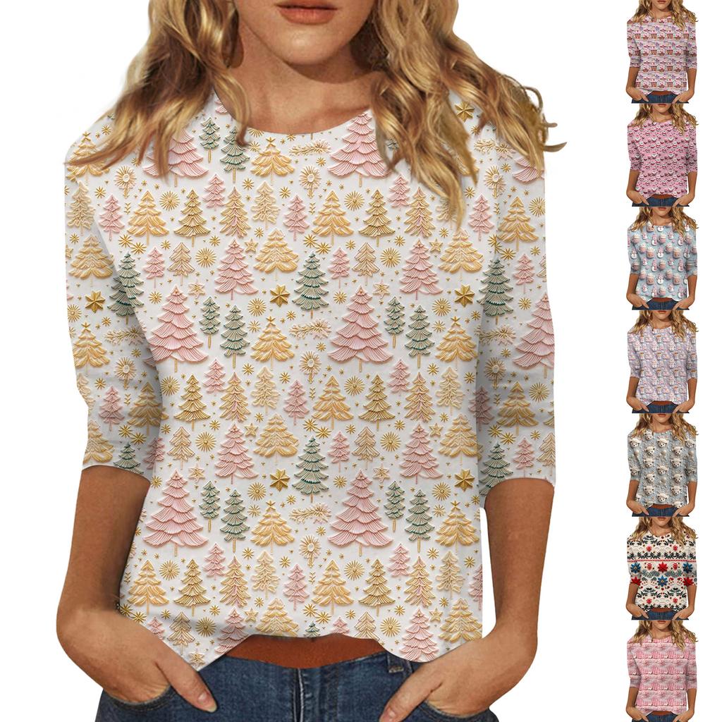 Women's Fashionable Casual Three-Quarter Sleeve Christmas Print Round Neck Top