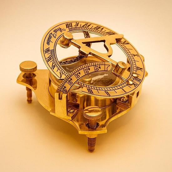 Brass Sundial Compass with Wooden Box, Engraved Nautical Gift