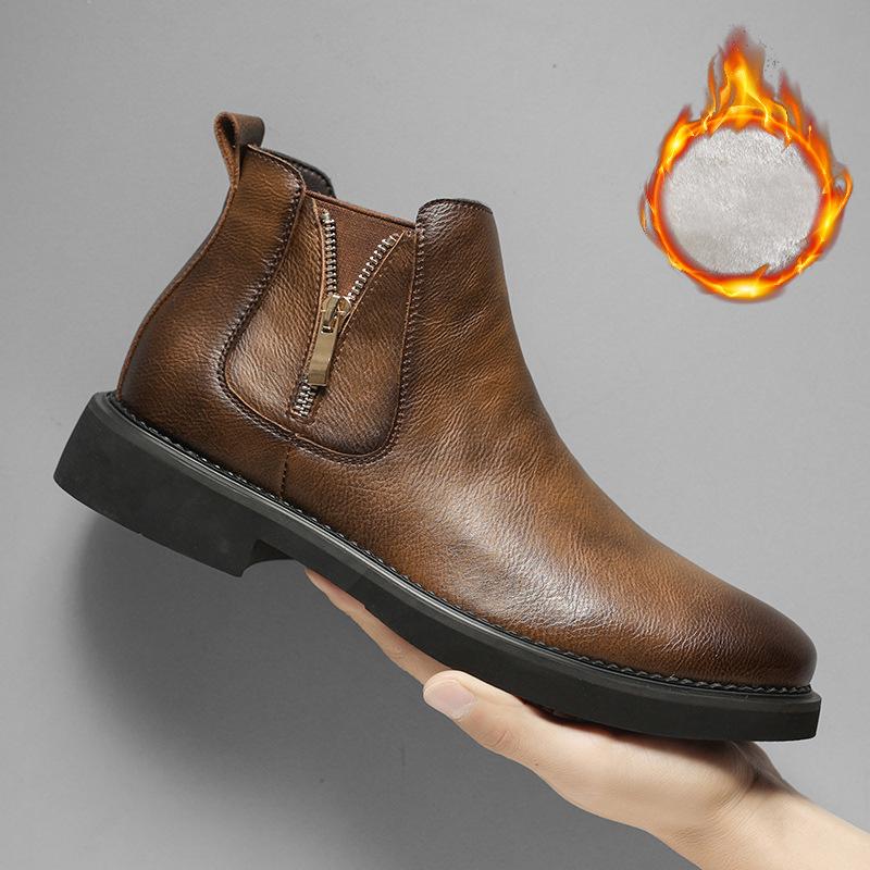 

2025 Зимние Ботинки из Натуральной Кожи Мужская Мода Челси Теплый Плюш Нескользящие Британский Стиль Коровья Кожа Бренд Мужская Обувь 39 коричневый