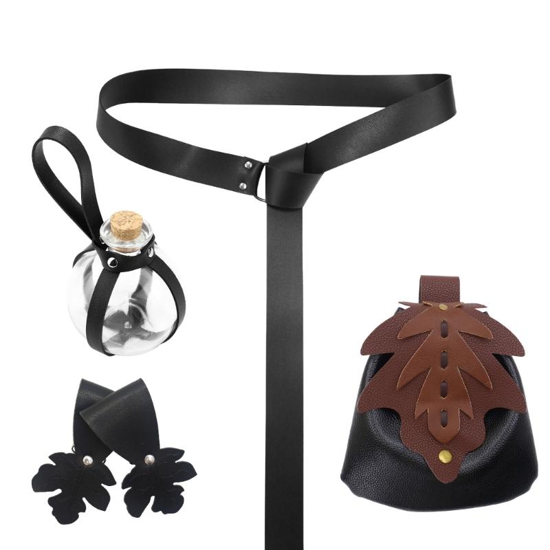 

1 Set Medieval Renaissance Costume Set PU Leather Belt Potion Bottle Mug Holder Skirt Hikes for Halloween Cosplay