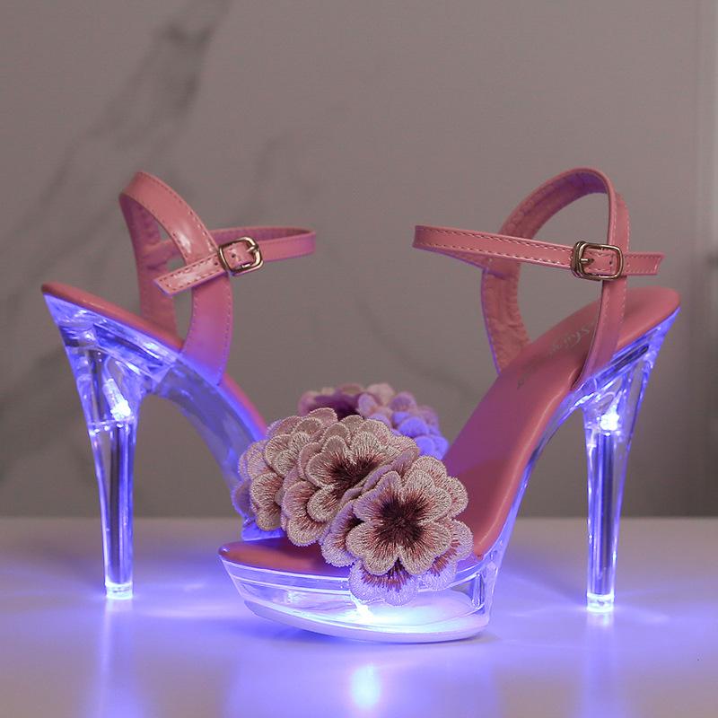 Fashion Glowing Flower Sandals for Women 2025 New Summer Sexy 13cm High Heels Thin Waterproof Platform Shoes Elegant Versatile Design
