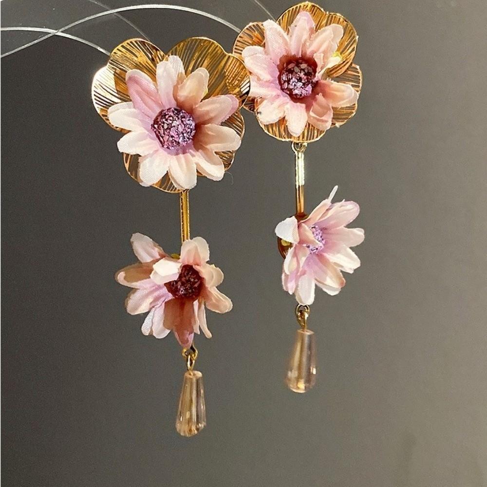 Glass Floral Pendant Earrings Sweet Crystal Drop Earrings Super Fairy Fabric Flower Earrings Gift