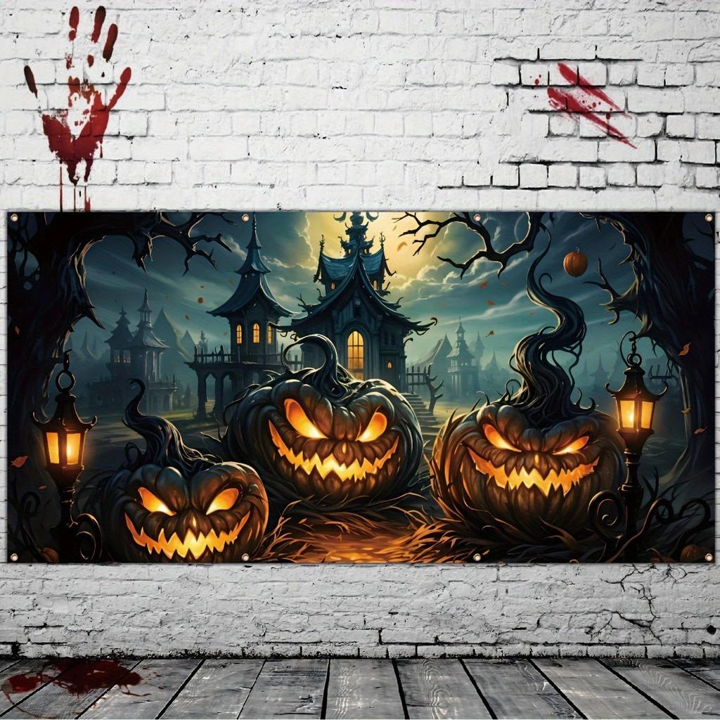 1 Piece Halloween Garage Banner Devil Pumpkin Lantern Backgroundoutdoor Garage Holiday Exterior Wall Decoration Shooting Prop