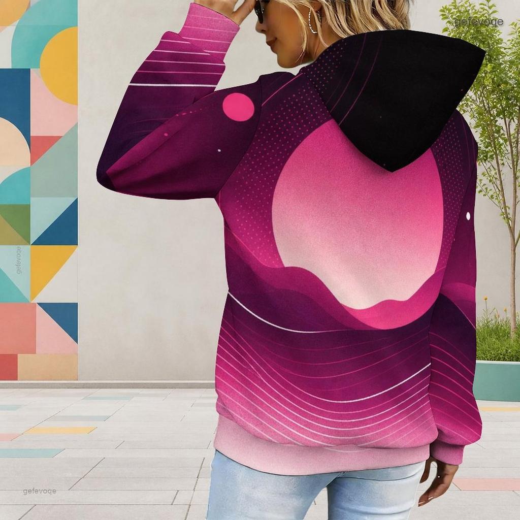 Women Plus Size Colorful Abstract Swirl Printed Long Sleeve Drawstring Hooded Pullover With Kangaroo Pocket