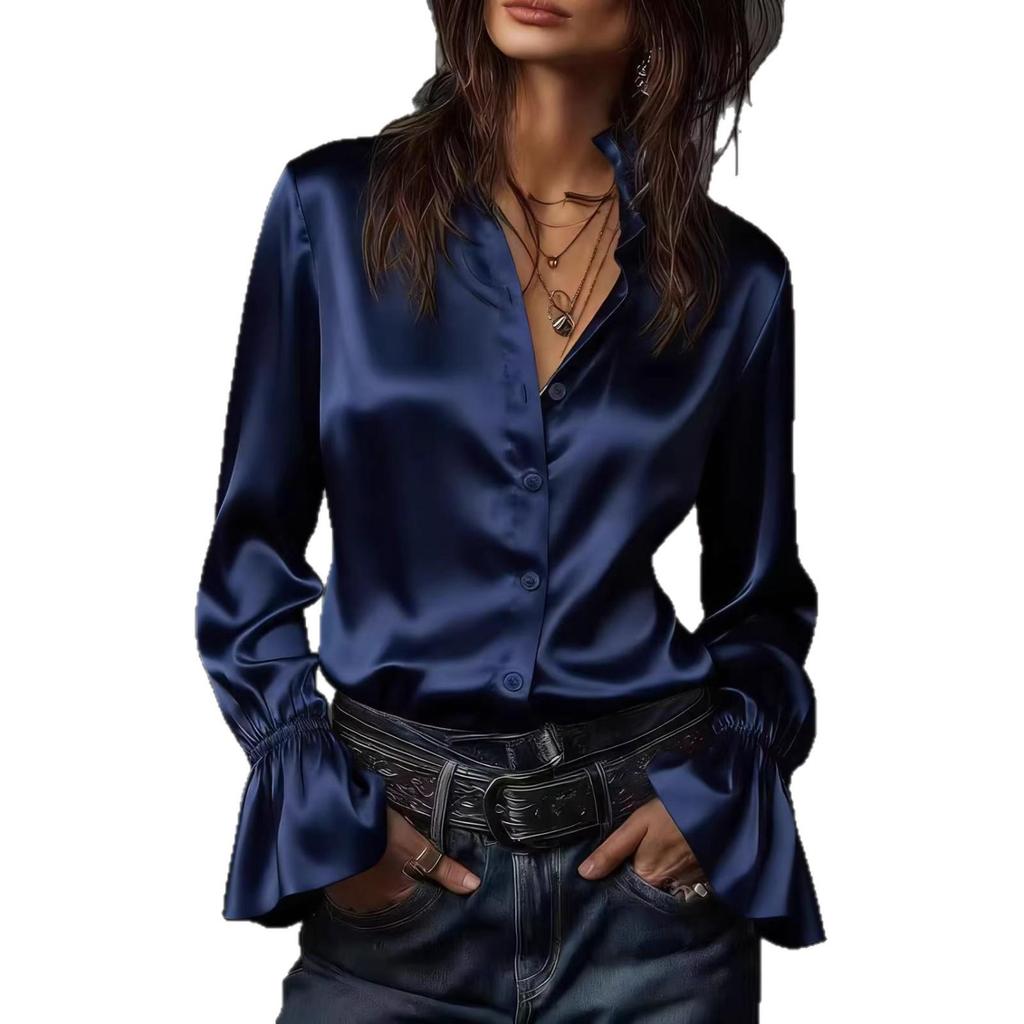 Elegant Women's Long Sleeve Solid Color Satin Shirt - Spring 2026 Collection