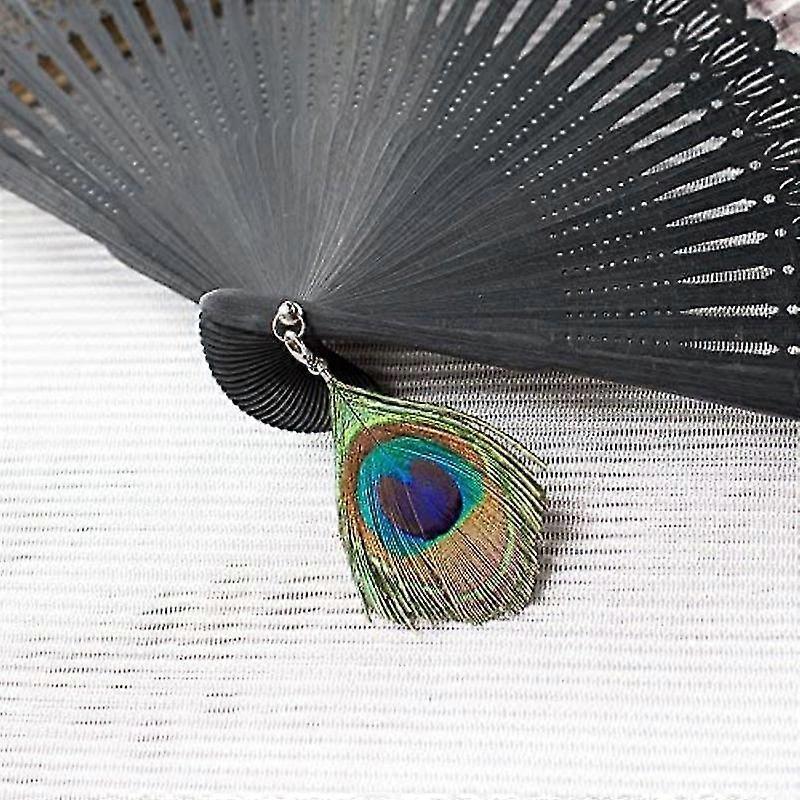Ladies High-end Bamboo Folding Hand Fan, Peacock Feather Pattern 1 Piece