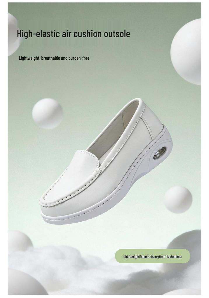 Women's Breathable Non-Slip Nurse Shoes, Wear-Resistant with Soft Thick Sole, White Microfiber Leather Loafers for Comfort.