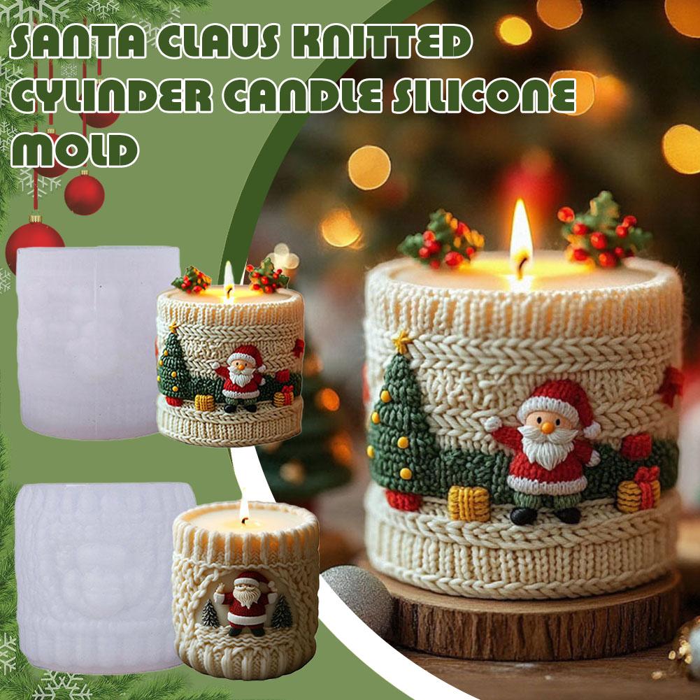 Santa Claus Knitted Cylinder Candle Silicone Mold Relief Santa Mold Claus Cylindrical Candle Mould Aromatherapy Gypsum Chri J8D3
