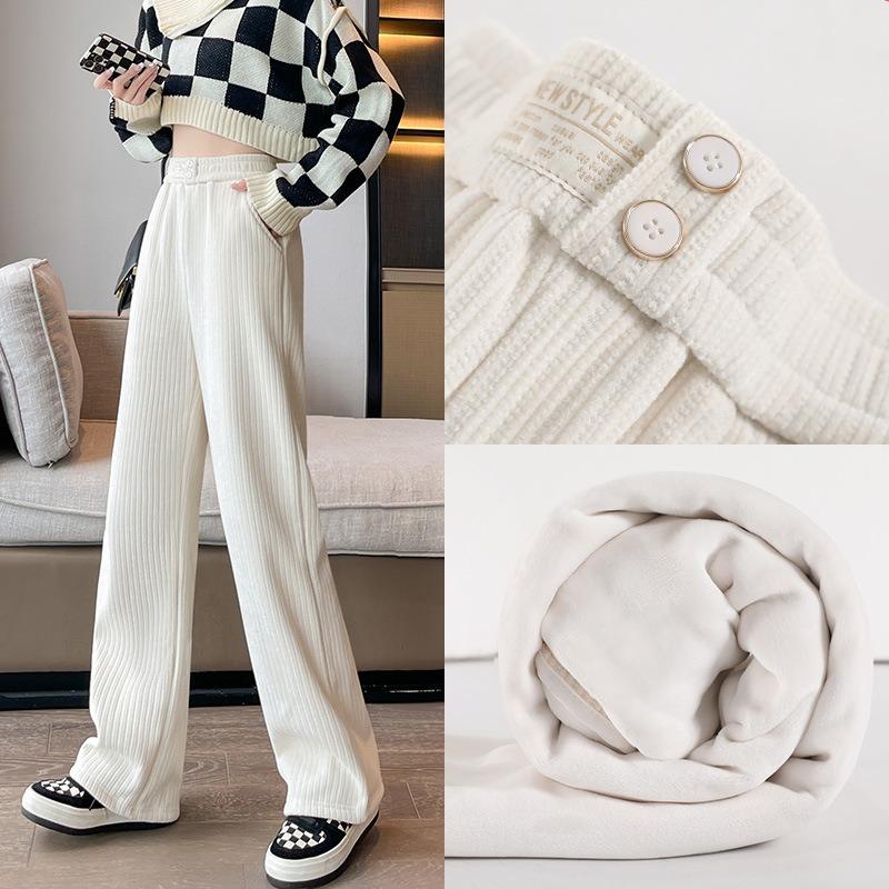 Black Chenier Wide Leg Pants Women's Pants Autumn and Winter Fleece Thickened Straight Pants Casual Skinny Corduroy Pants
