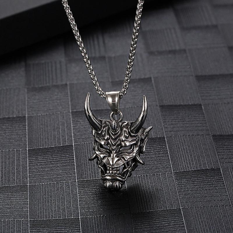 Gold Color Horn Ghost Mask Pendant Necklace For Men Retro Style Stainless Steel Neck Chain Copper Color Jewelry Halloween Gift