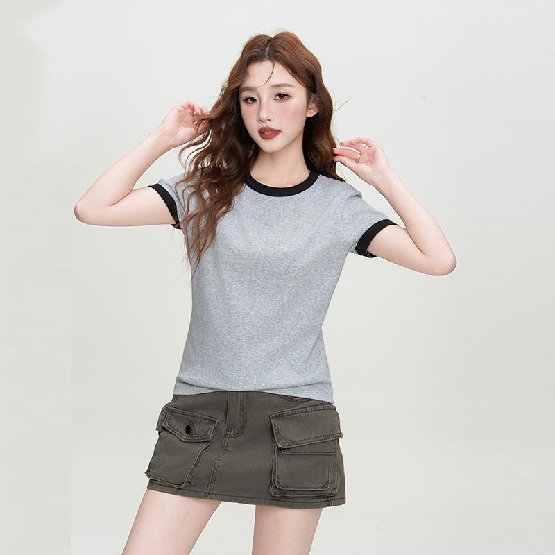 Baumwoll-Kurzarm-T-Shirt Damen Sommer Oberteil Schlankmachend Rechte Schulter Rundhals Slim Fit T-Shirt