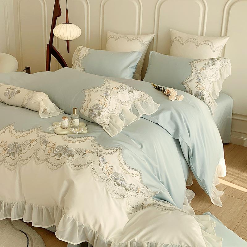 1000TC Egyptian Cotton Romantic French Princess Bedding Set Rose Embroidery Lace Ruffles Duvet Cover Set Bed Sheet Pillowcases
