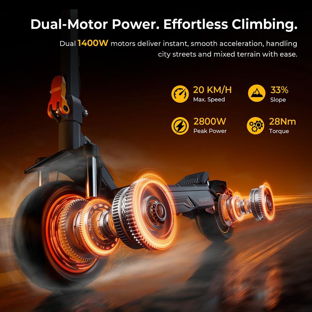 Monopattino elettrico Ausom K20 Pro, 2x1000W, 48V 18Ah, 10", 60km/h, 90km, freni a disco doppi, sospensioni, NFC.