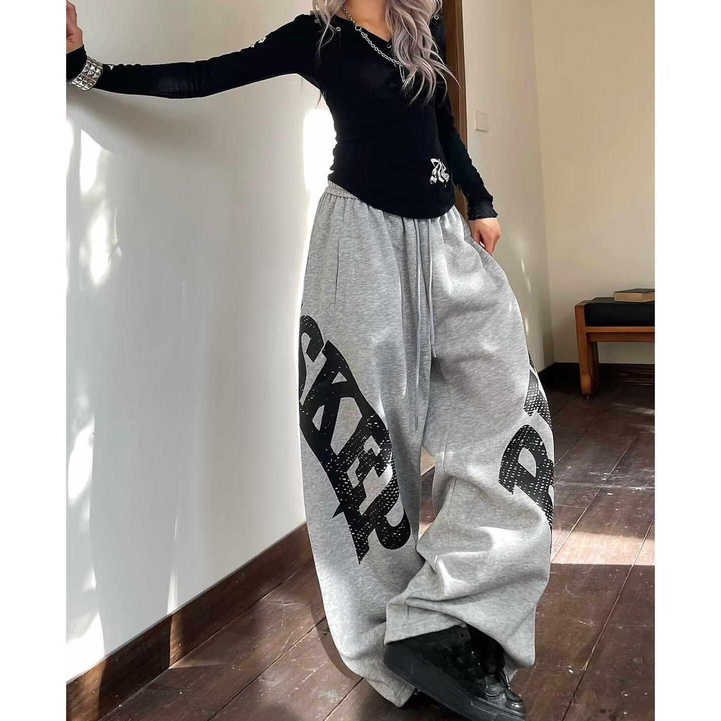 Women s Retro Distressed Letter Print Drawstring Sweatpants - Autumn/Winter Casual Loose Fit for Hip Hop and Jazz Dance M