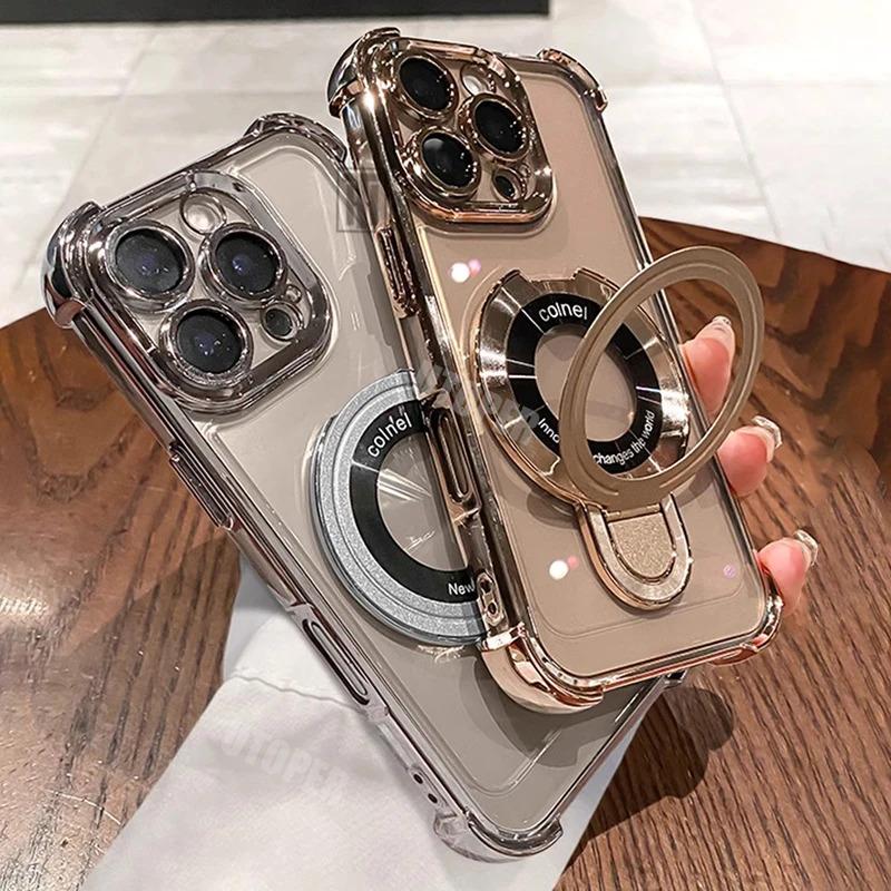 Shockproof Plating Soft TPU Bracket Phone Case for IPhone 17 Air 16 15 14 13 11 12 Pro Max Plus Magsafe Magnetic Protect Cover