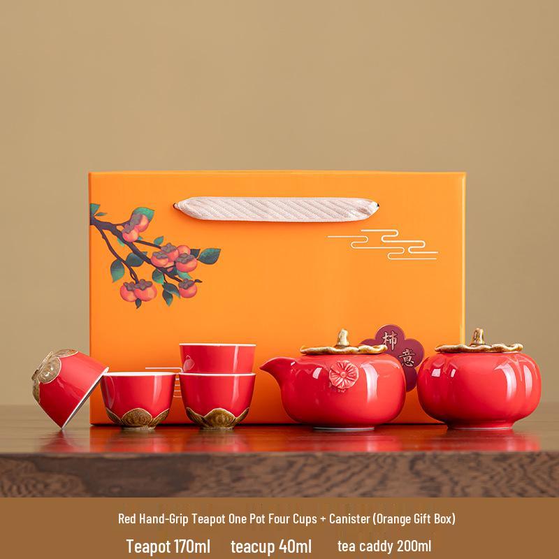 Persimmon Ruyi Ceramic Tea Set with Gift Box - Complete Ruyi Teapot Set