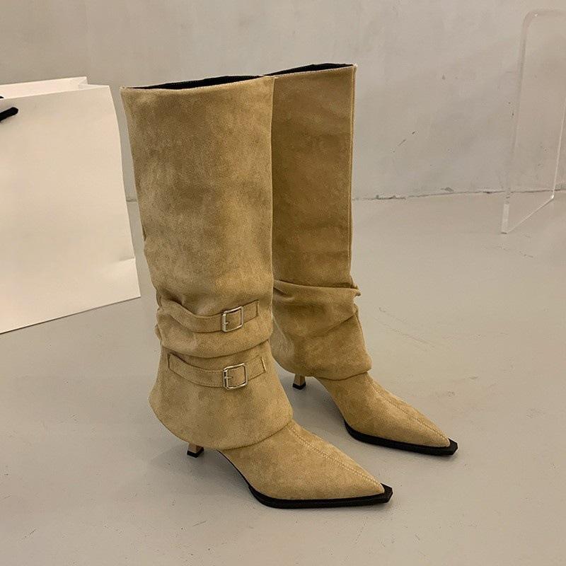 

Autumn and winter new Korean version pointed head thick heel short boots women s thin elastic socks boots versatile flat bottom fashion bare boots 35 хаки