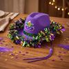 Hat with Purple Gold Green Feathers and Ribbon Trim for Celebrations
