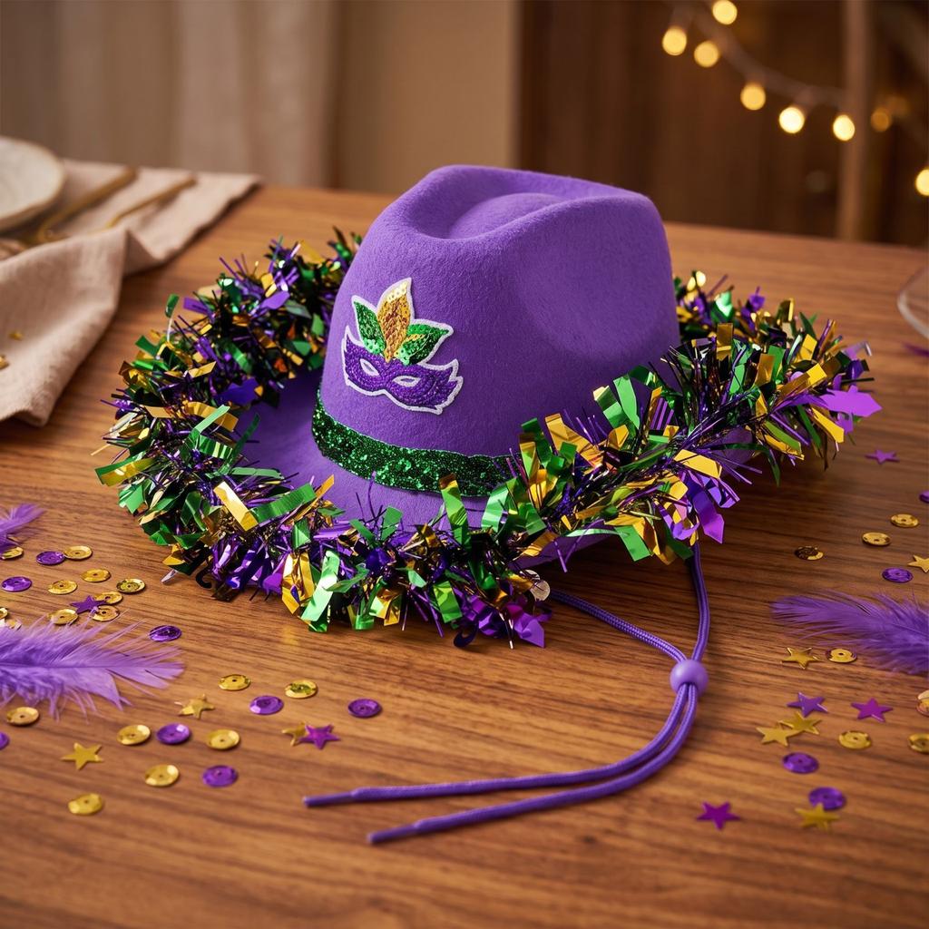 Hat with Purple Gold Green Feathers and Ribbon Trim for Celebrations