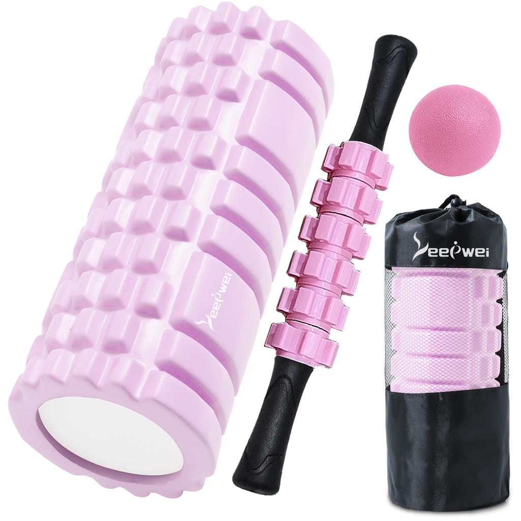 LEEPWEI Foam Myofascial Yoga Trigger Point Massage Set for Beginners and Home Includes Storage Light Pink Roller, Release, Pole, Ball, 4-Piece Use,