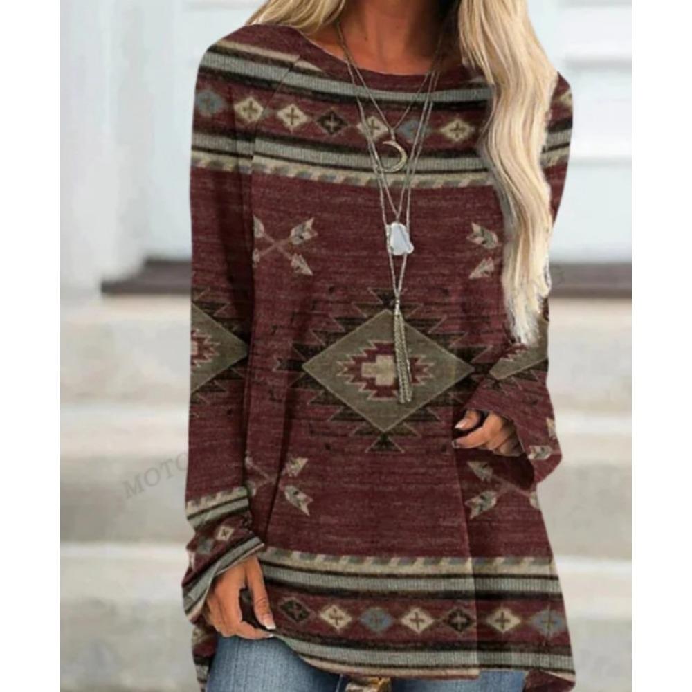 Etnisk t-skjorte med 3d-trykk for kvinner Mote-t-skjorter Uformelle overdeler med lange ermer T-skjorter T-skjorte med grafisk trykk Løs Harajuku vintage-t-skjorter