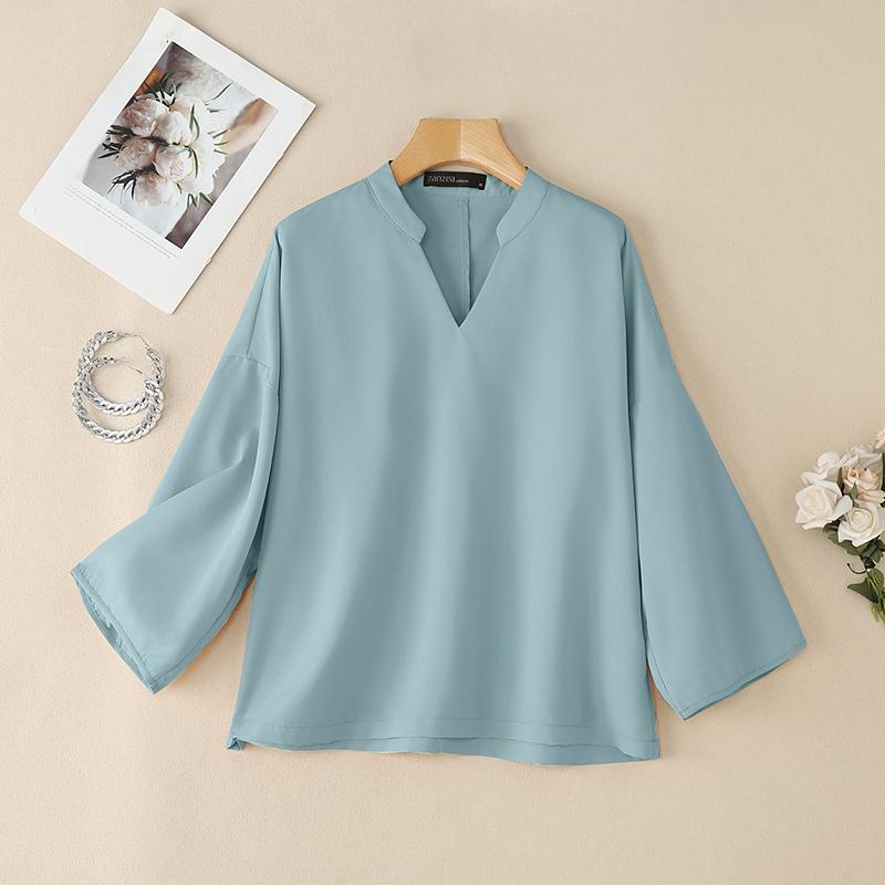 

ZANZEA Женская повседневная однотонная свободная блузка с V-образным вырезом и рукавом 3/4 XL синий