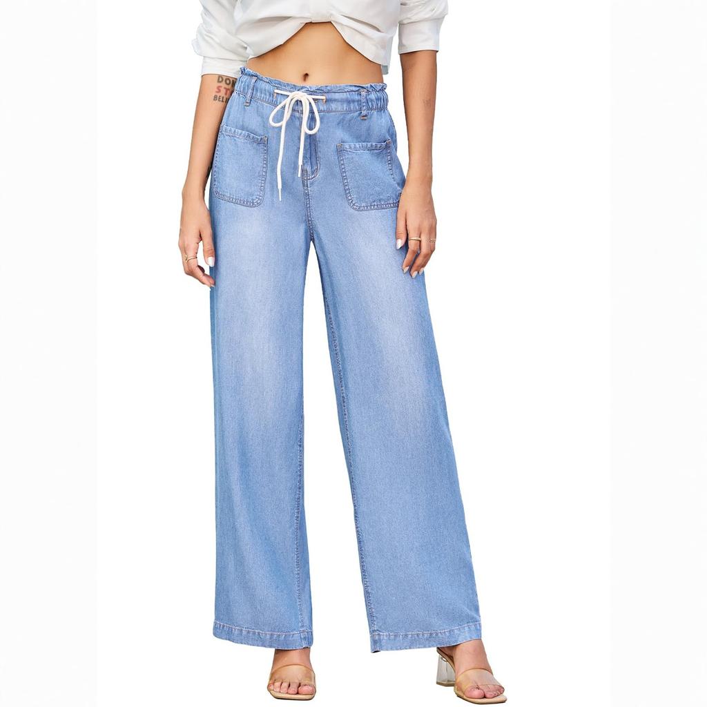 Women's Wide Leg Jeans  Lightweight Straight Leg Baggy Drawstring Denim Pants