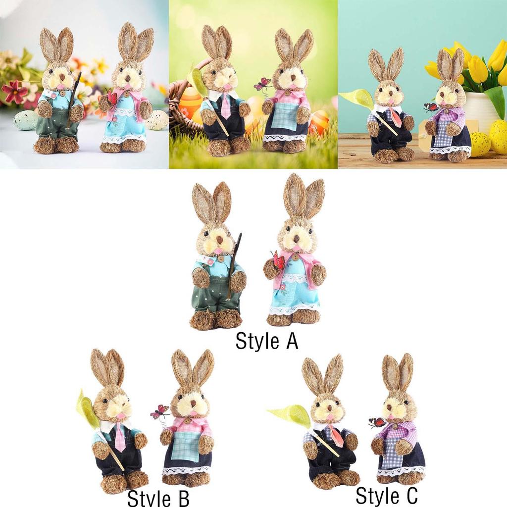 2Pcs Easter Bunny Figurines Easter Decor Cartoon Cute Creative Straw Rabbit Statue for Tabletop Yard Patio Lawn Bookshelf
