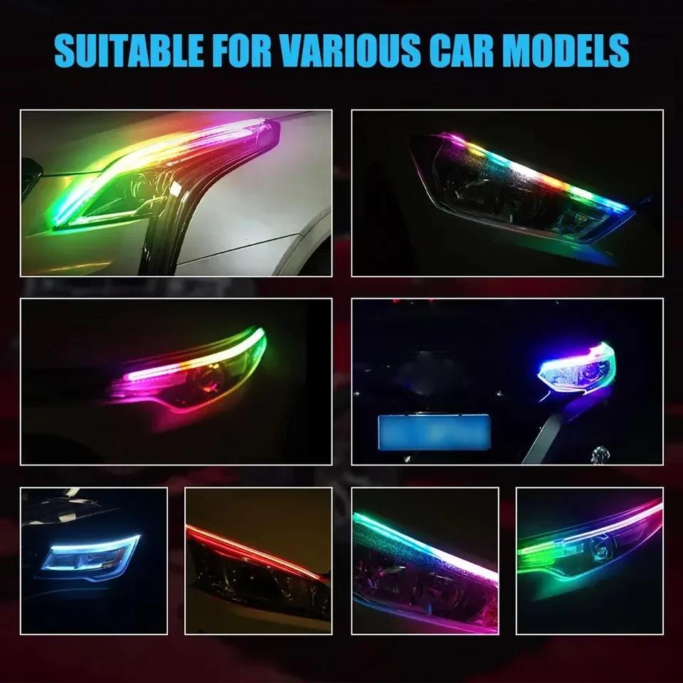 2pcs 12V RGB Car Led Strip Lights Flowing Turn Signal Lamp App Control Flexible Decorative Strip Waterproof DRL Day Running Lamp