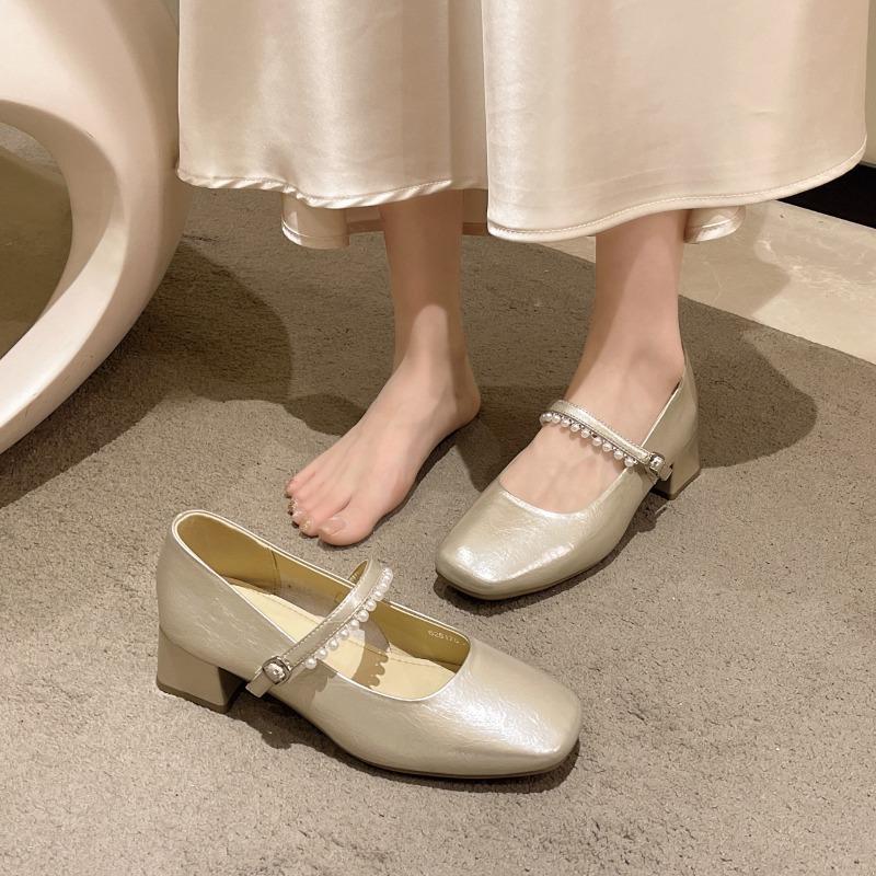 Fashion Beaded Mid-heel Single Shoes Autumn New Square Toe Shallow Mouth One-band Soft Sole Non-slip Block Heel Shoes