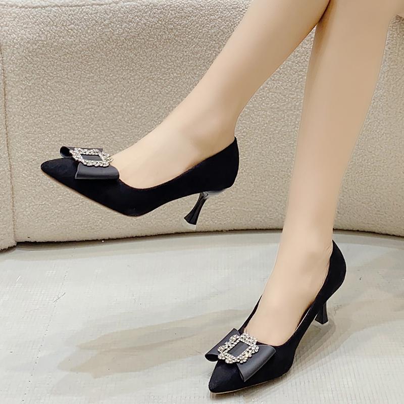Fashion French Pointed Toe Rhinestone Heels Women's Fall New Shallow Slip-on Stiletto Plus-Size Professional Single Shoes