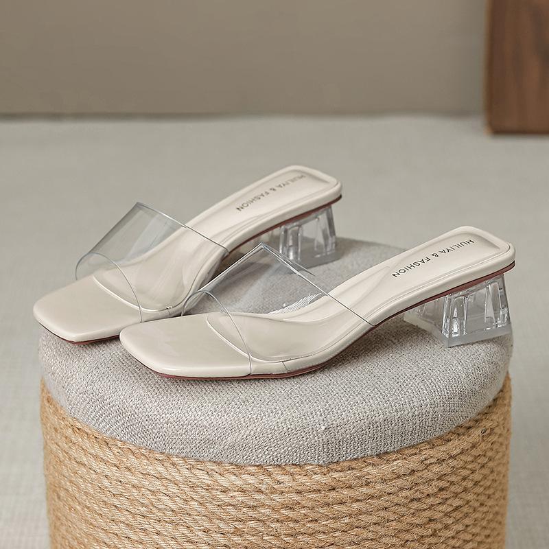 Fashion Elegant Ladies Transprent Slippers Open Toe Clear Heel Summer Pumps Women Silver Leather Outdoor Slides PVC Band Sandalias Mujer