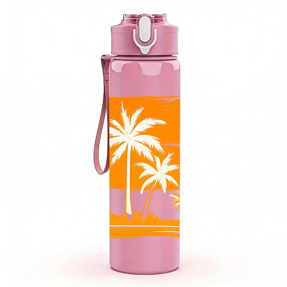 1PC Palm Tree Orange Sunset Graphic 750ml Color Plastic Sports Water Bottle Leakproof Flip Straw Lid Suitable for Sports Office Home Use