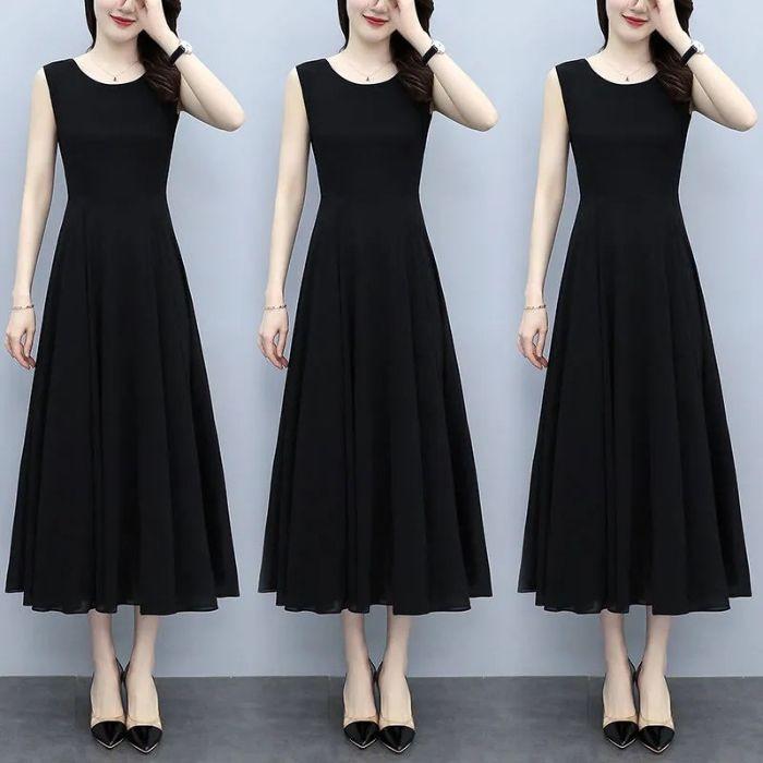 Summer new high-end sleeveless black temperament dress mother dress foreign look thin belly long dress