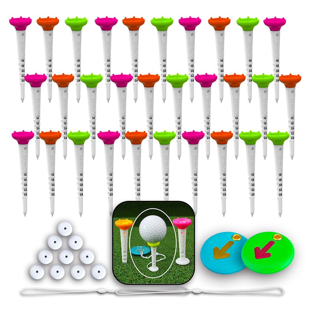 

Birdie79 Easy Golf Tee Set 30 Tees per Available in 3 Vibrant with Magnetic Tee Adjustable Height Directional and Silicone Stoppers – Pack, Colors,