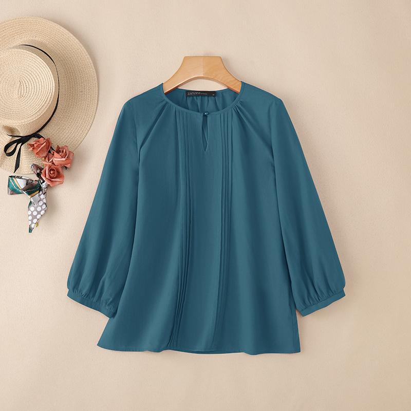 ZANZEA Women Casual Round Neck 3/4 Sleeve Loose Cotton Blouse