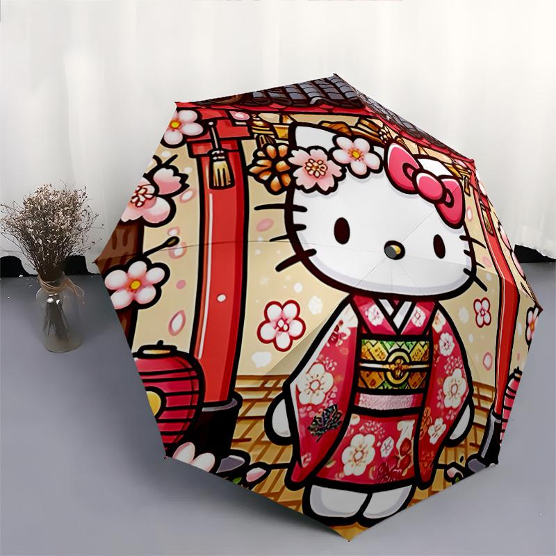 1pc Hello Kitty Cherry Blossom Kimono with Automatic Opening/Closing Umbrella, Portable Tri-Fold Design, 8-Bone Iron Frame, Outdoor Umbrella, Festival