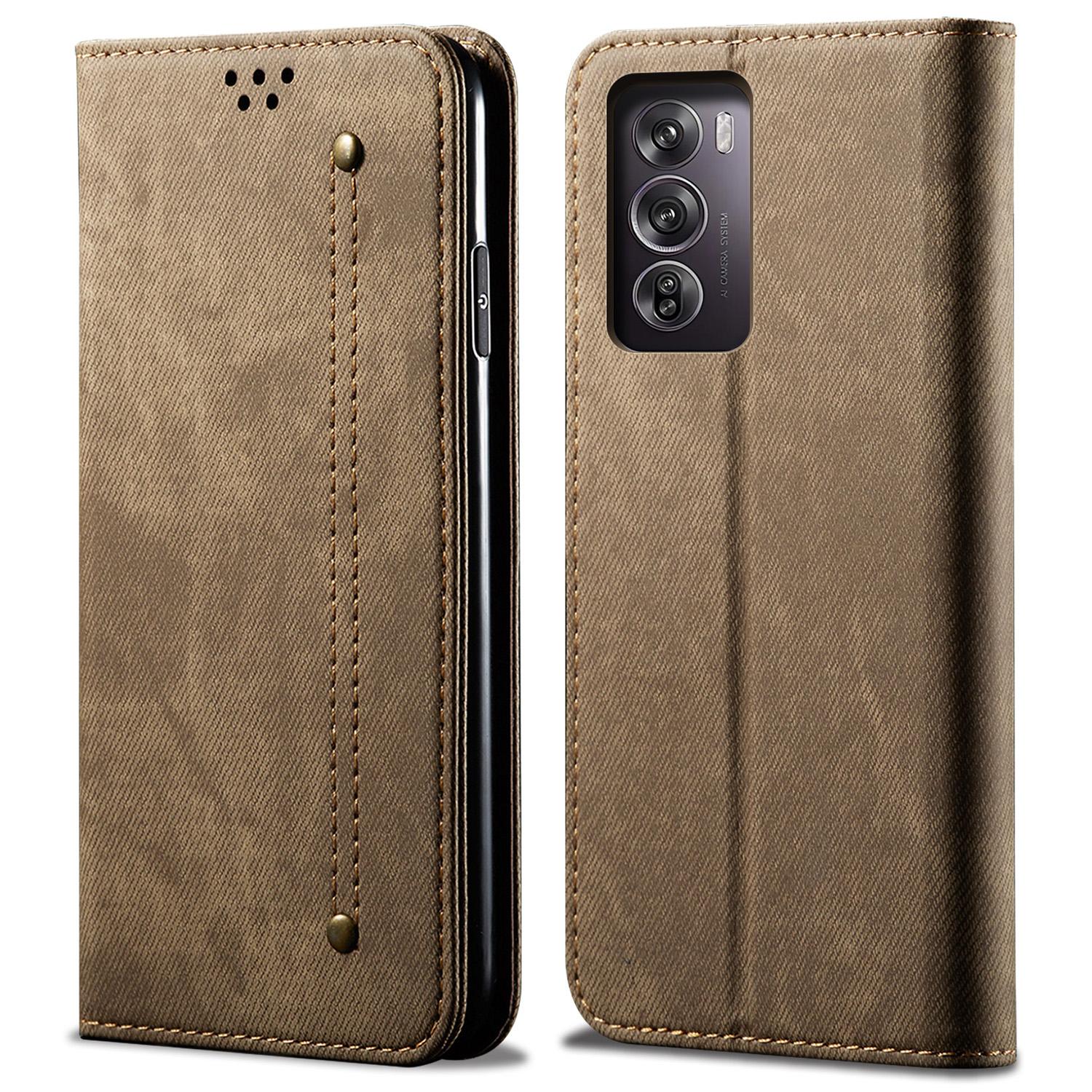 

For Oppo Reno12 5G (Global) Case Leather Shockproof Phone Cover Jeans Cloth Texture Stand Function Khaki