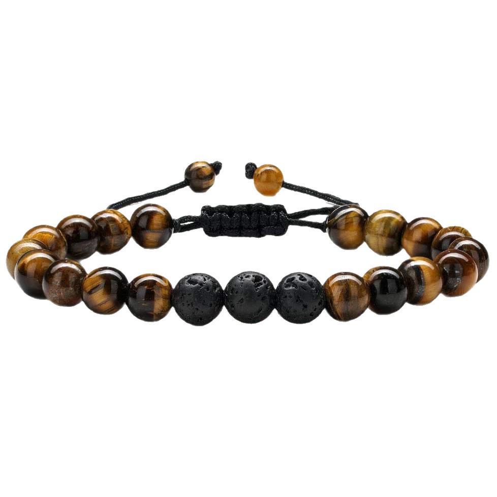 Pulseira Tecida Masculina Olho de Tigre e Pedra Vulcânica - Presente de Joia Feito à Mão, Contas de Ágata Negra de 8mm