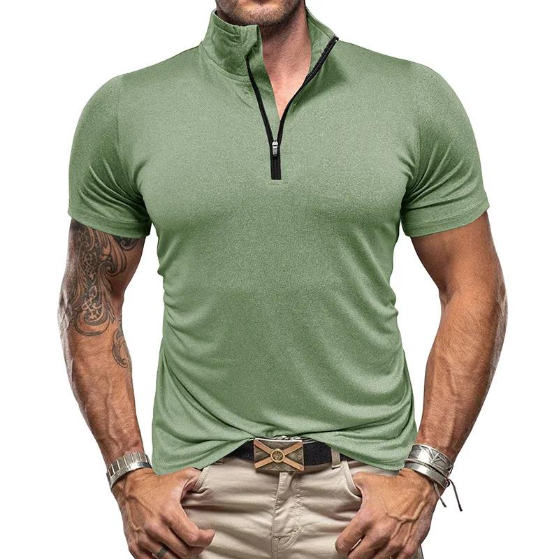 Men's New Outdoor Sports Short Sleeve Zipper Shirt American Standing Collar High Spring Quick Dry Short Sleeve T-shirt
