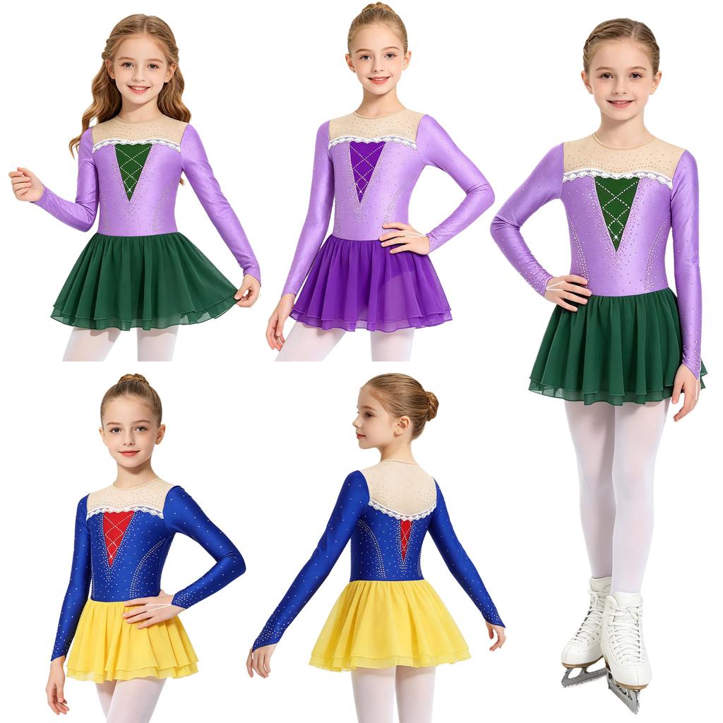 Girls Princess Costume Mesh Patchwork Long Sleeve Sparkly Rhinestones Lace Decor Contrast Color Dress