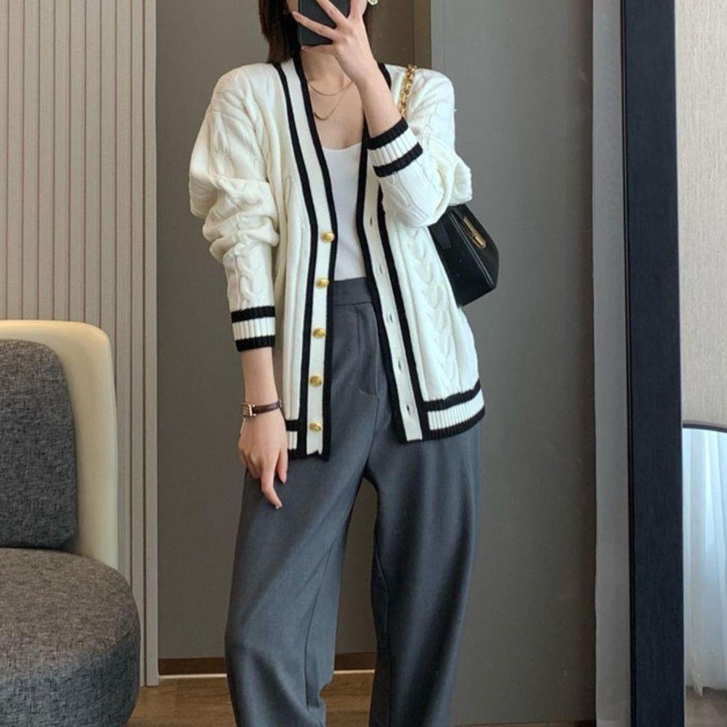 Korean Style Gold Button Cable Knit Cardigan: Women's Autumn/Winter Loose Color Block Knitwear