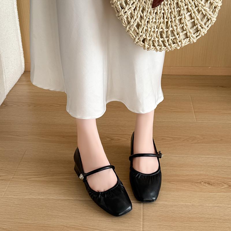 Lovely Pumps for Women Slip On Square Mid Heels Square Toe Shoes for Women Solid Leather Square Buckle Mary Jane Shoes Woman
