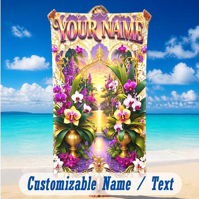 Floral Garden Theme Beach Towel Personalized Custom Name & Text Soft Quick Dry Beach Towel for Swimming Travel