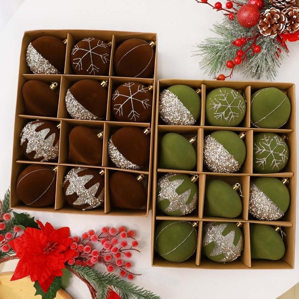 12Pcs Glitter Christmas Baubles Ornament Plastic Flocked Ball Gift Box New Year